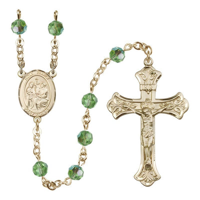 Holy Family Engravable Rosary with 14kt Gold-filled Crucifix and Centerpiece, Birthstone 6mm Austrian Crystal Peridot Beads for August, Bliss Manufacturing