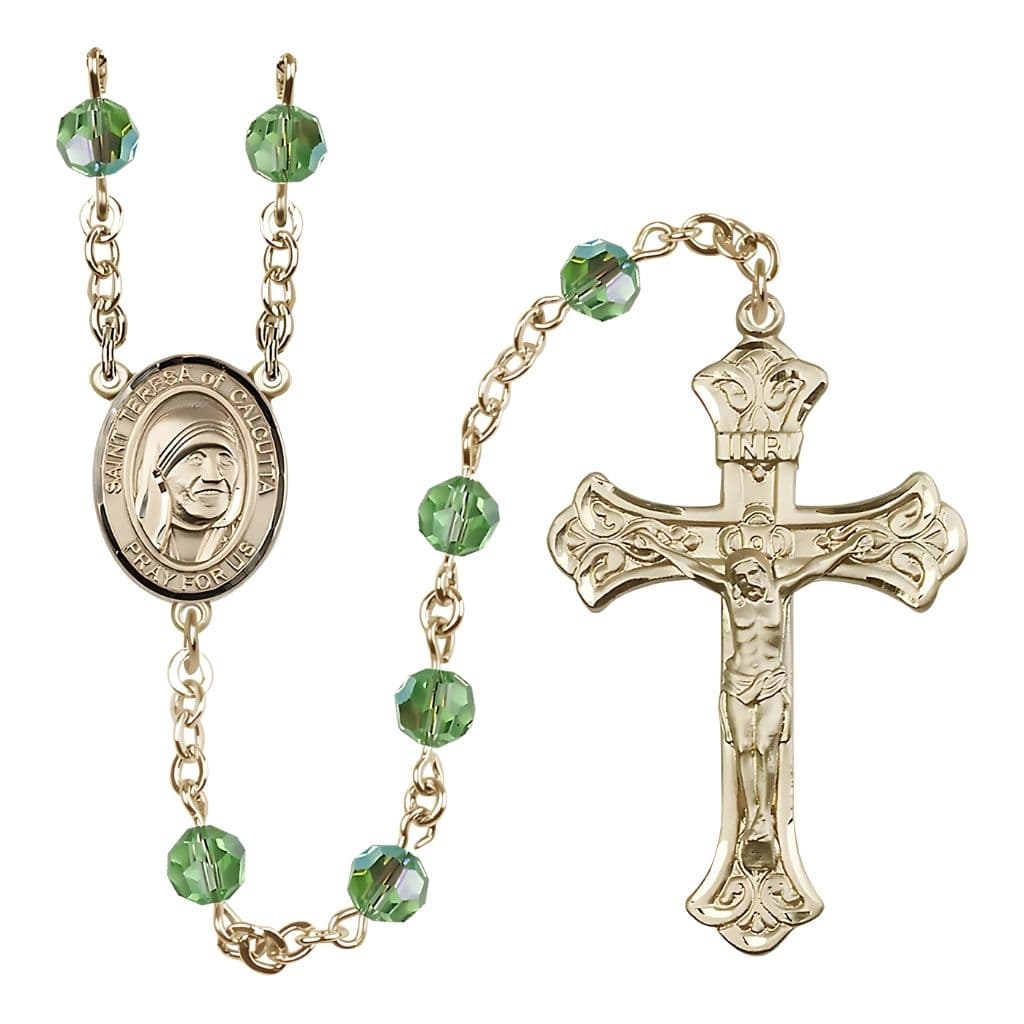 Bliss St. Teresa of Calcutta Crystal 14kt Gold-filled Rosary Peridot 6mm Austrian Crystal Beads