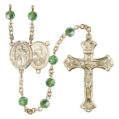 Jesus Divine Mercy Engravable Rosary with Gold-filled Scroll Design Crucifix and Centerpiece, Birthstone 6mm Austrian Crystal Peridot Beads for August, Bliss Manufacturing