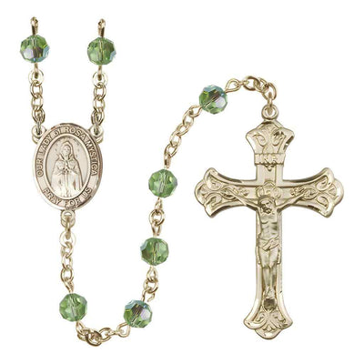Our Lady of Rosa Mystica Rosary with Gold-filled Scroll Crucifix and Centerpiece, Birthstone 6mm Austrian Crystal Peridot Beads for August