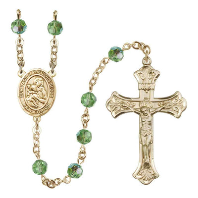 Our Lady of the Precious Blood Rosary with Gold-filled Scroll Crucifix and Centerpiece, Birthstone 6mm Austrian Crystal Peridot Beads for August