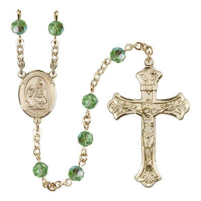 St. Catherine of Siena Engravable Rosary with 14kt Gold Crucifix and Centerpiece, Birthstone 6mm Austrian Crystal Peridot Beads for August, Bliss Manufacturing