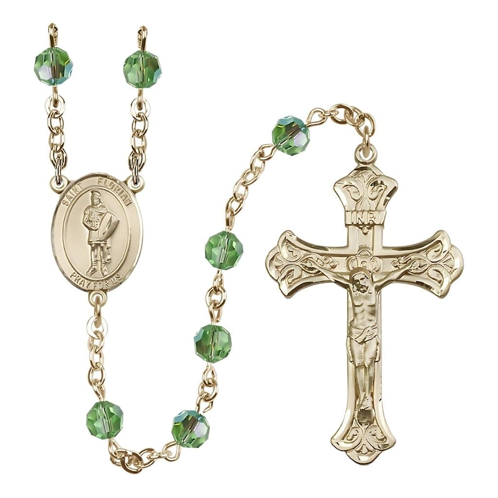 Bliss St. Florian 14kt Gold Scalloped Tip Crucifix Crystal Rosary with Peridot Beads,