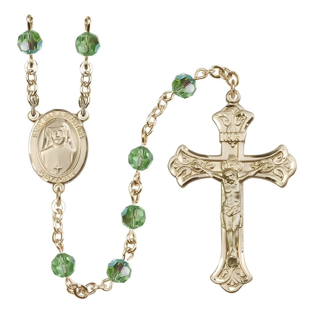 Bliss St. Maria Faustina 14kt Gold Birthstone 6mm Peridot Engravable Rosary with Gold Centerpiece and Crucifix,