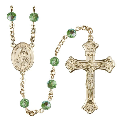 St. Nicholas Engravable Rosary with 14kt Gold Centerpiece and Scroll Design Crucifix, August Birthstone 6mm Peridot Austrian Crystal Beads, Bliss Manufacturing
