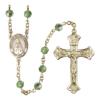 Our Lady of Rosa Mystica Rosary with 14kt Gold Scroll Crucifix and Centerpiece, Birthstone 6mm Austrian Crystal Peridot Beads for August