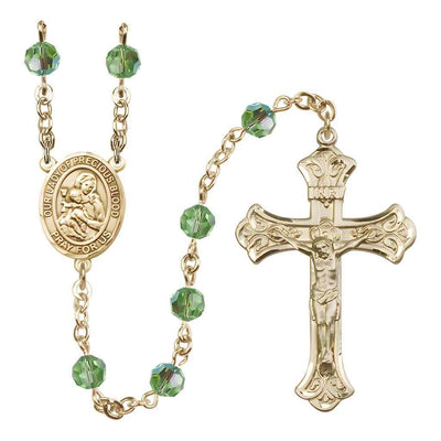 Our Lady of the Precious Blood Rosary with 14kt Gold Scroll Crucifix and Centerpiece, Birthstone 6mm Austrian Crystal Peridot Beads for August