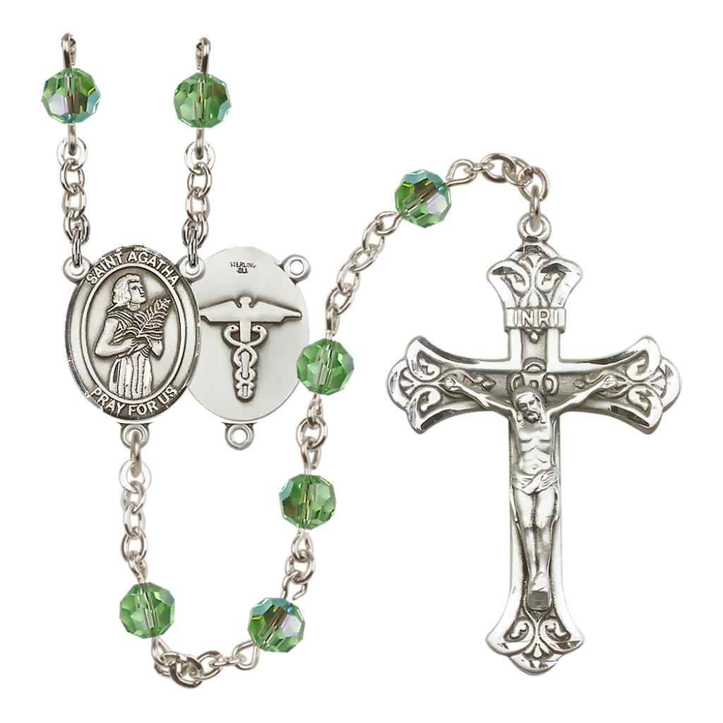 St. Agatha Nurse Sterling Silver 6mm Austrian Crystal Rosary