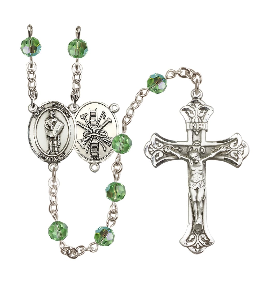 August Peridot Bliss Manufacturing St Florian Firefighter Sterling Silver Crystal Flared Crucifix Birthstone Rosary,