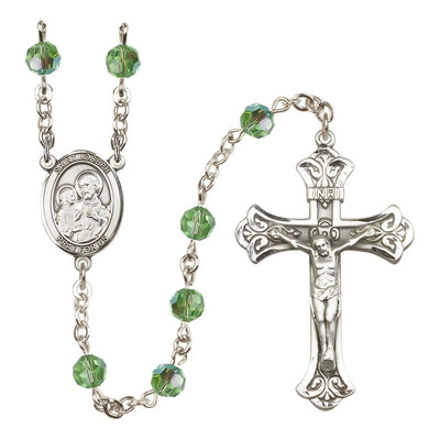 St. Joseph Rosary with Sterling Silver Scroll Crucifix and Centerpiece, Birthstone 6mm Austrian Crystal Peridot Beads for August