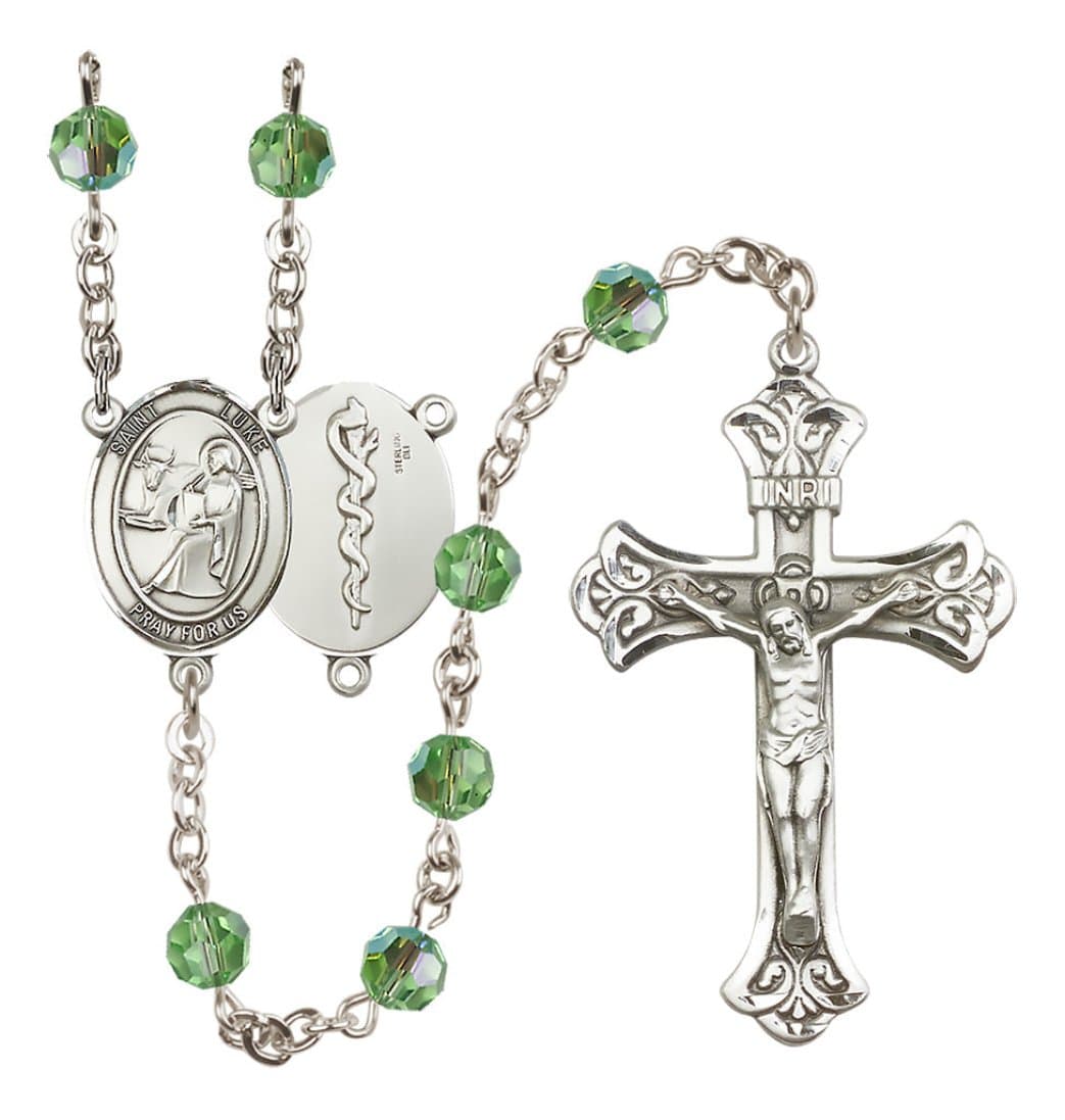 Bliss Doctor St Luke Sterling Silver Crystal Flared Crucifix Rosary in Peridot,