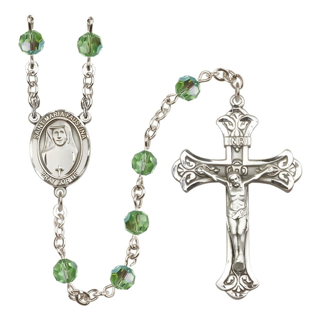 Bliss St. Maria Faustina 6mm Austrian Crystal Birthstone Sterling Silver Rosary in Peridot,