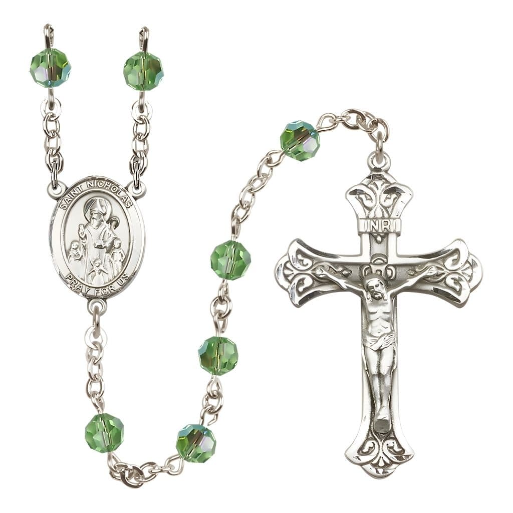 Bliss St. Nicholas Engravable Rosary with Sterling Silver Centerpiece and Scroll Design Crucifix, August Birthstone 6mm Peridot Austrian Crystal Beads