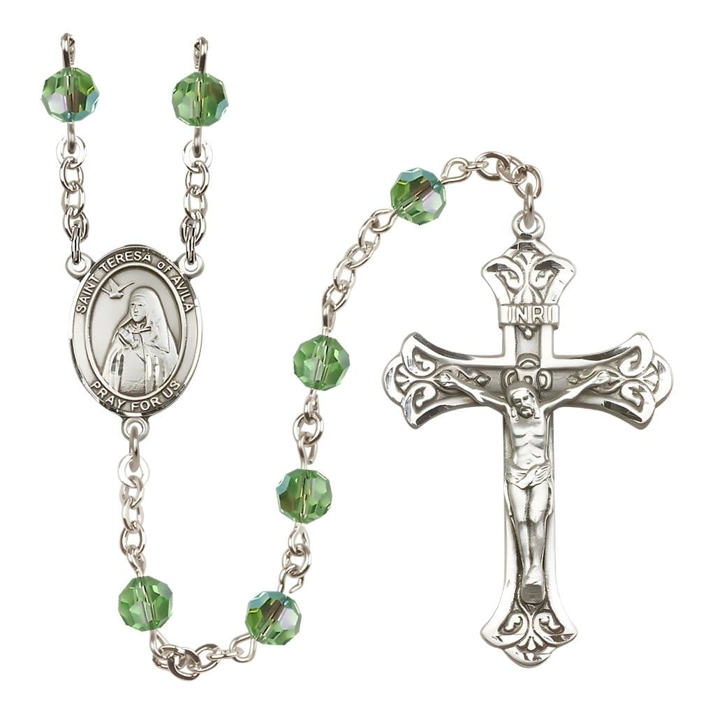 Bliss St. Teresa of Avila 6mm Peridot Austrian Crystal Birthstone Sterling Silver Rosary