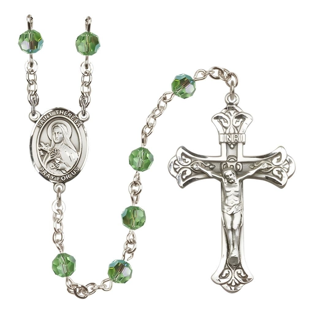 Bliss St. Theresa Peridot 6mm Austrian Crystal August Birthstone Sterling Silver Rosary with Sterling Centerpiece and Scroll Design Crucifix