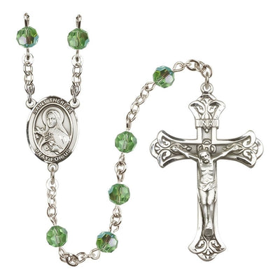 St. Theresa Peridot 6mm Austrian Crystal August Birthstone Sterling Silver Rosary with Sterling Centerpiece and Scroll Design Crucifix, Bliss Manufacturing