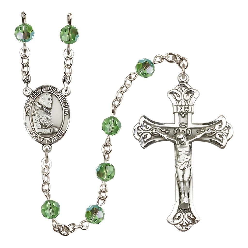 Bliss St. Padre Pio of Pietrelcina 6mm Austrian Crystal Birthstone Sterling Silver Rosary in Peridot