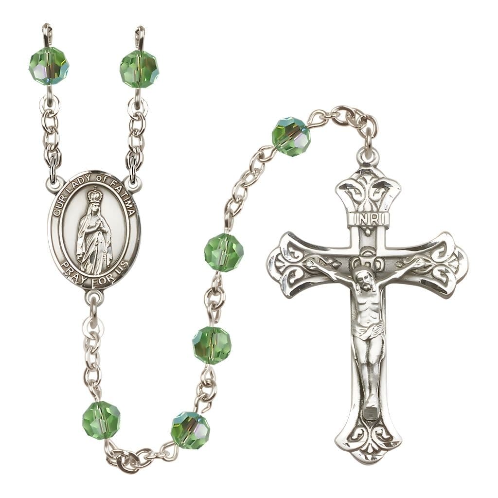 Bliss Our Lady of Fatima Engravable Rosary with Sterling Silver Crucifix and Centerpiece, Birthstone 6mm Austrian Crystal Peridot Beads for August
