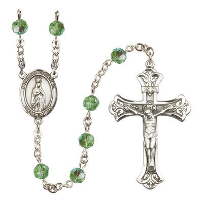 Our Lady of Fatima Engravable Rosary with Sterling Silver Crucifix and Centerpiece, Birthstone 6mm Austrian Crystal Peridot Beads for August, Bliss Manufacturing