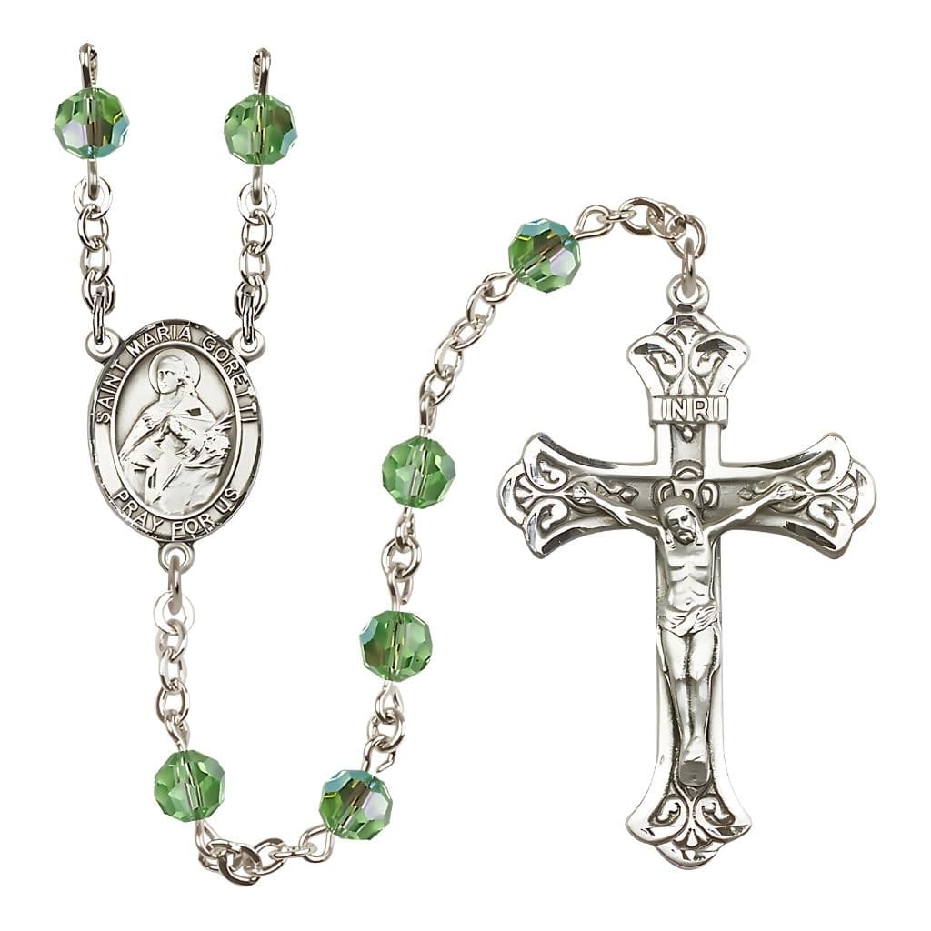 Bliss St. Maria Goretti Sterling Silver 6mm Austrian Crystal Rosary in Peridot,