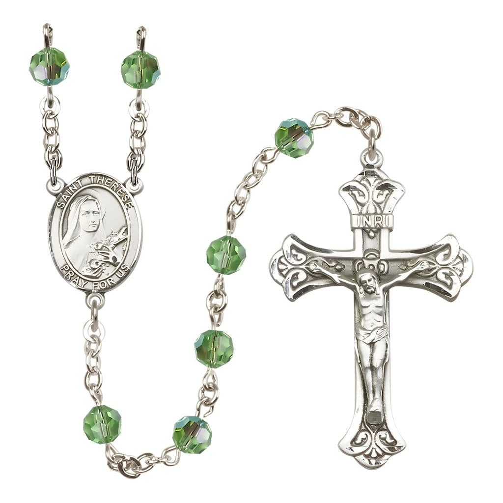 Bliss St. Therese of Lisieux Engravable Rosary with Sterling Silver Centerpiece and Scroll Design Crucifix, August Birthstone 6mm Peridot Austrian Crystal Beads