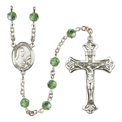 St. Therese of Lisieux Engravable Rosary with Sterling Silver Centerpiece and Scroll Design Crucifix, August Birthstone 6mm Peridot Austrian Crystal Beads, Bliss Manufacturing