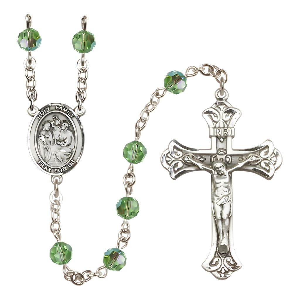 Bliss Holy Family Engravable Rosary with Sterling Silver Crucifix and Centerpiece, Birthstone 6mm Austrian Crystal Peridot Beads for August