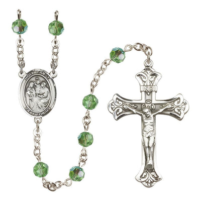 Holy Family Engravable Rosary with Sterling Silver Crucifix and Centerpiece, Birthstone 6mm Austrian Crystal Peridot Beads for August, Bliss Manufacturing