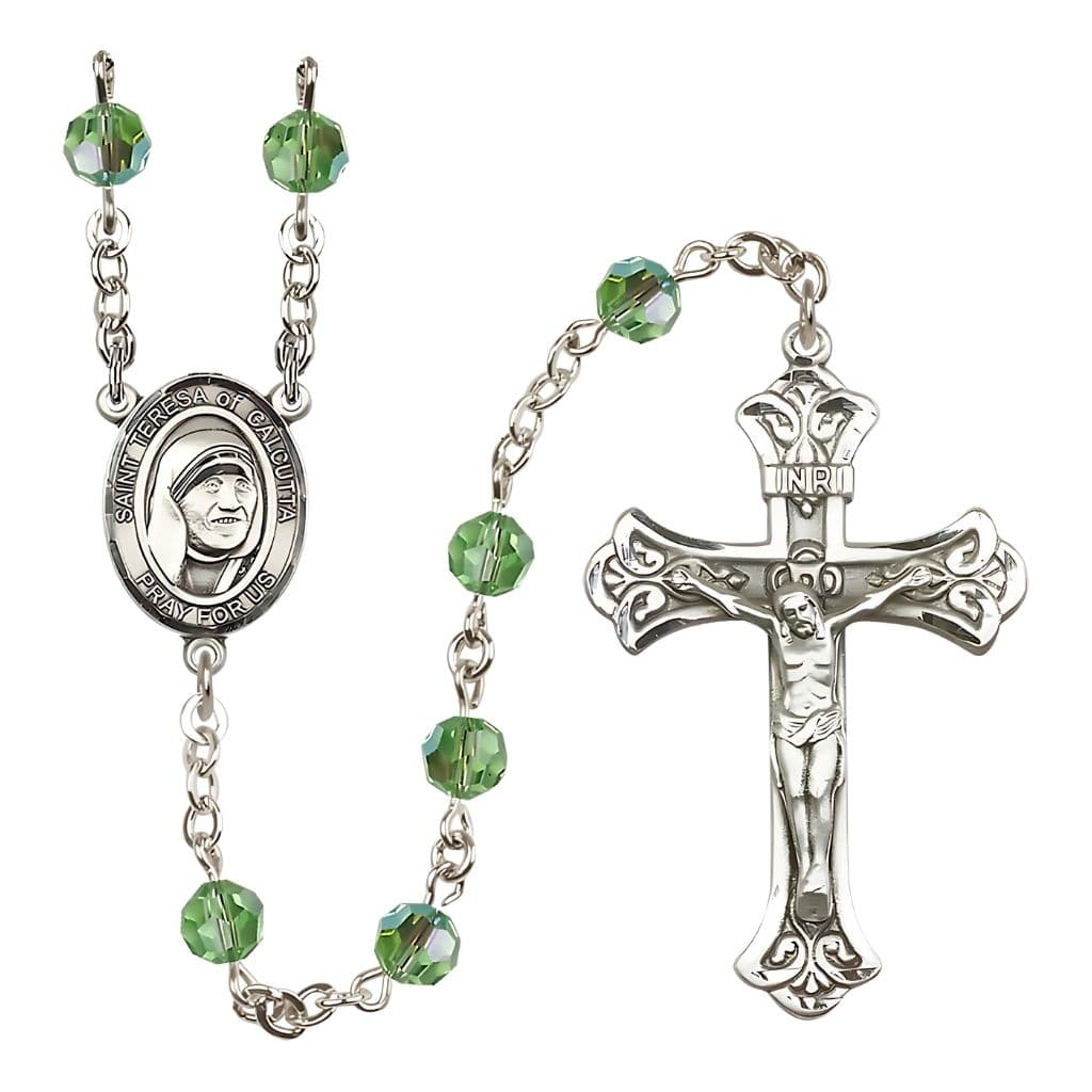 Bliss St. Teresa of Calcutta Sterling Silver Engraving Rosary, Birthstone Peridot 6mm Austrian Crystal Beads