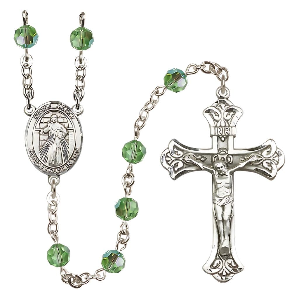 Bliss Jesus Divine Mercy Engravable Rosary with Sterling Silver Scroll Crucifix and Centerpiece, Birthstone 6mm Austrian Crystal Peridot Beads for August