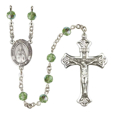 Our Lady of Rosa Mystica Rosary with Sterling Silver Scroll Crucifix and Centerpiece, Birthstone 6mm Austrian Crystal Peridot Beads for August