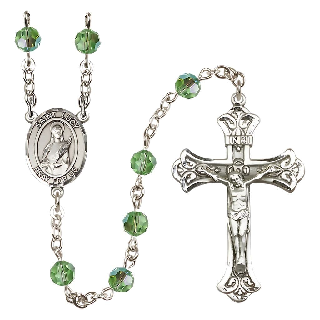 Bliss St. Lucy Rosary with 6mm Peridot Austrian Crystal Beads and Sterling Silver in gift box,