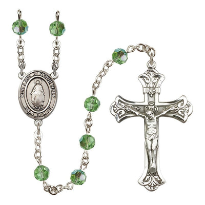 Our Lady of Good Help Sterling Silver 6mm Austrian Crystal Rosary in Peridot, Bliss Manufacturing