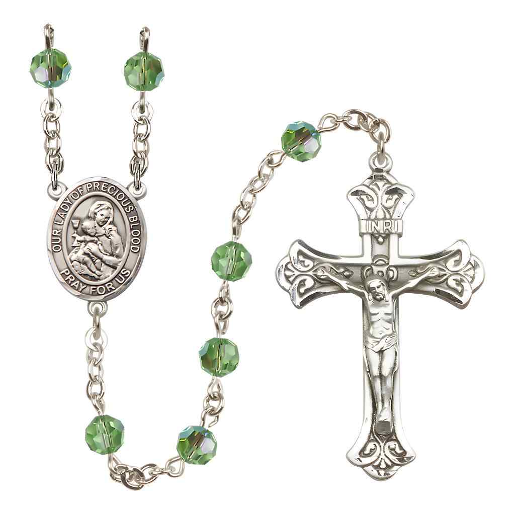 Our Lady of the Precious Blood Rosary with Sterling Silver Scroll Crucifix and Centerpiece, Birthstone 6mm Austrian Crystal Peridot Beads for August