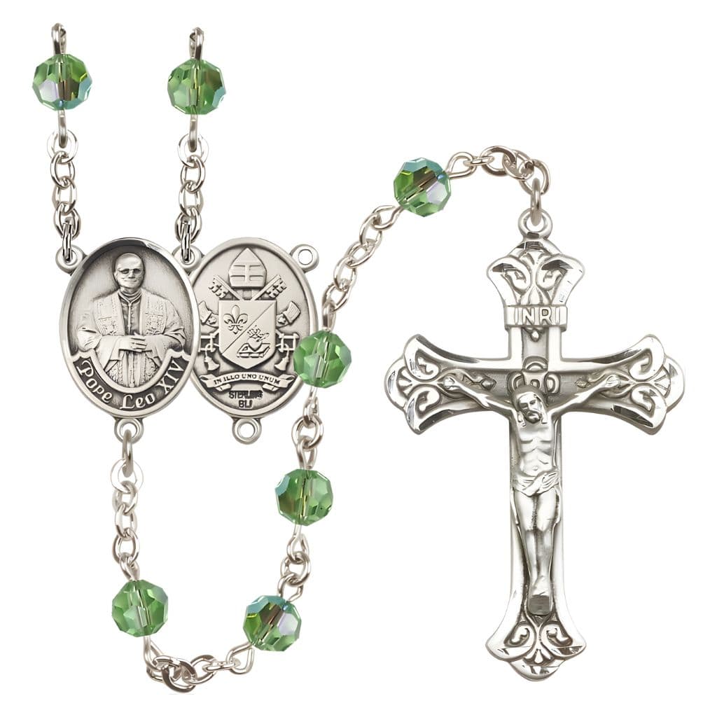 Bliss Pope Leo XIV Engravable Rosary with Sterling Silver Scallop Edge Crucifix and Centerpiece, Birthstone 6mm Austrian Crystal Peridot Beads for August