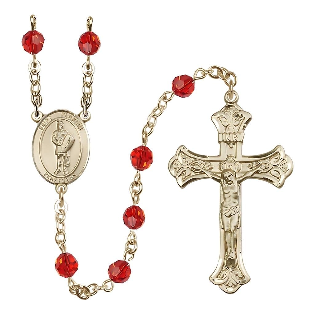Bliss St. Florian Gold-filled Crystal Scalloped Flared Crucifix Rosary with Ruby Beads
