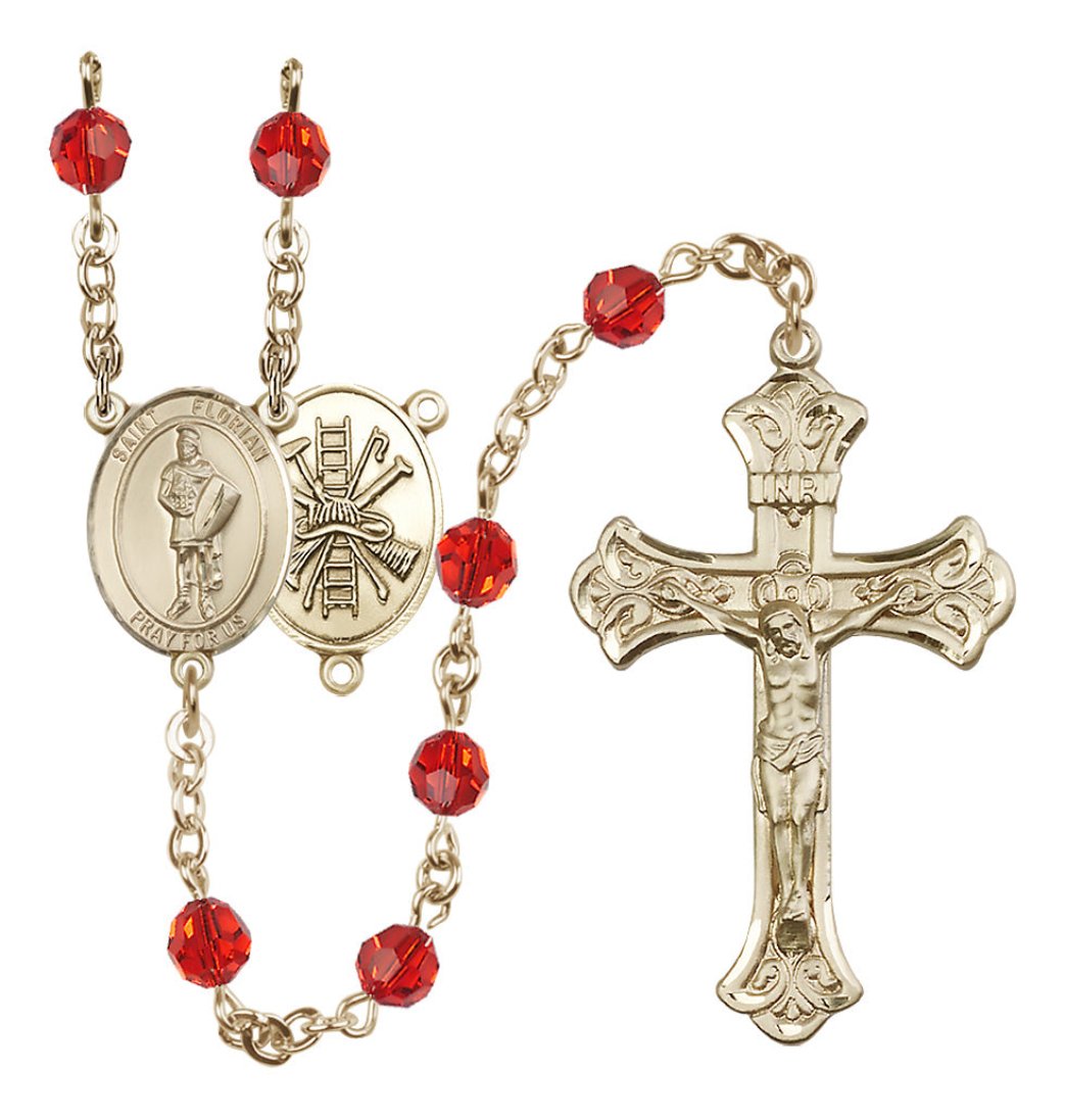 Bliss St Florian Firefighter Gold-filled Crystal Flared Crucifix Rosary in Ruby July Birthstone,