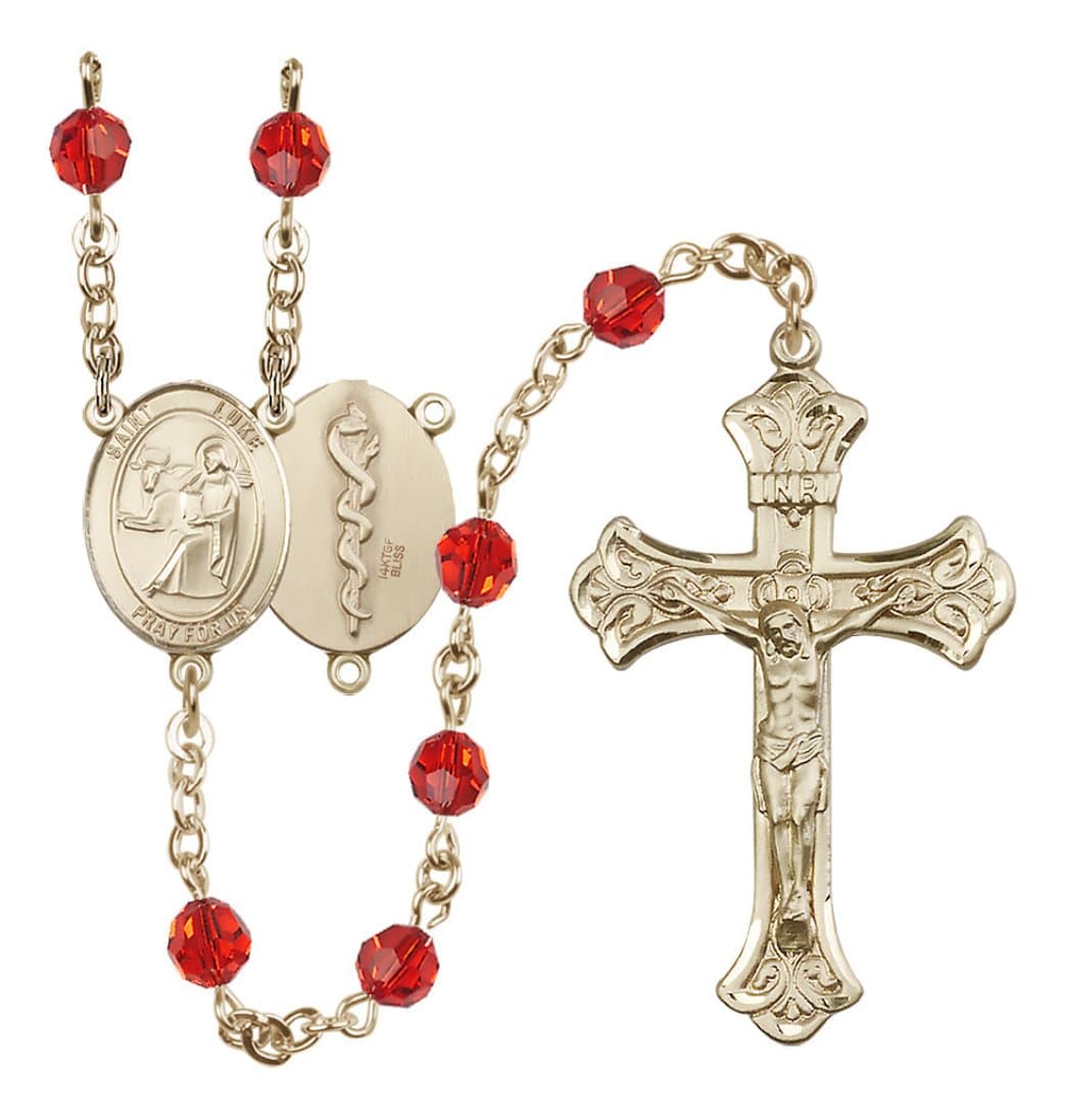 Bliss Doctor St Luke Gold-filled Crystal Flared Crucifix Rosary in Ruby,