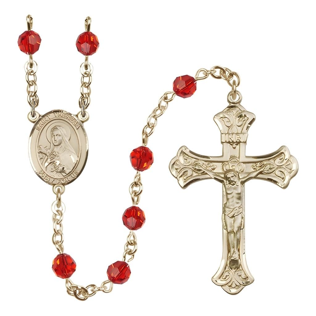 Bliss St. Theresa Ruby 6mm Austrian Crystal July Birthstone Gold-filled Rosary with 14kt Gold-filled Centerpiece and Scroll Design Crucifix