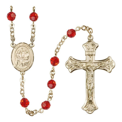 Holy Family Engravable Rosary with 14kt Gold-filled Crucifix and Centerpiece, Birthstone 6mm Austrian Crystal Ruby Beads for July, Bliss Manufacturing