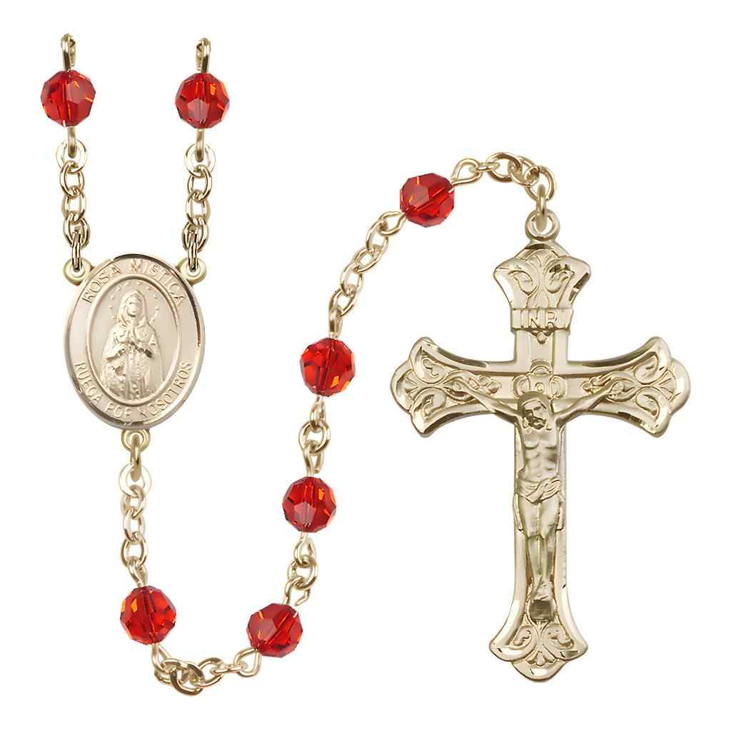 Rosa Mystica Rosary with Gold-filled Scroll Crucifix and Centerpiece, Birthstone 6mm Austrian Crystal Ruby Beads for July