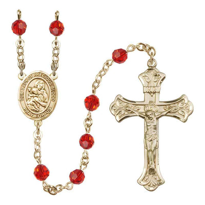 Our Lady of the Precious Blood Rosary with Gold-filled Scroll Crucifix and Centerpiece, Birthstone 6mm Austrian Crystal Ruby Beads for July