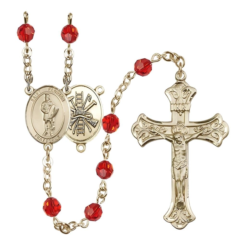 Bliss St. Florian Firefighter 14kt Gold Scroll Flared Tip Crucifix Crystal Rosary in Ruby