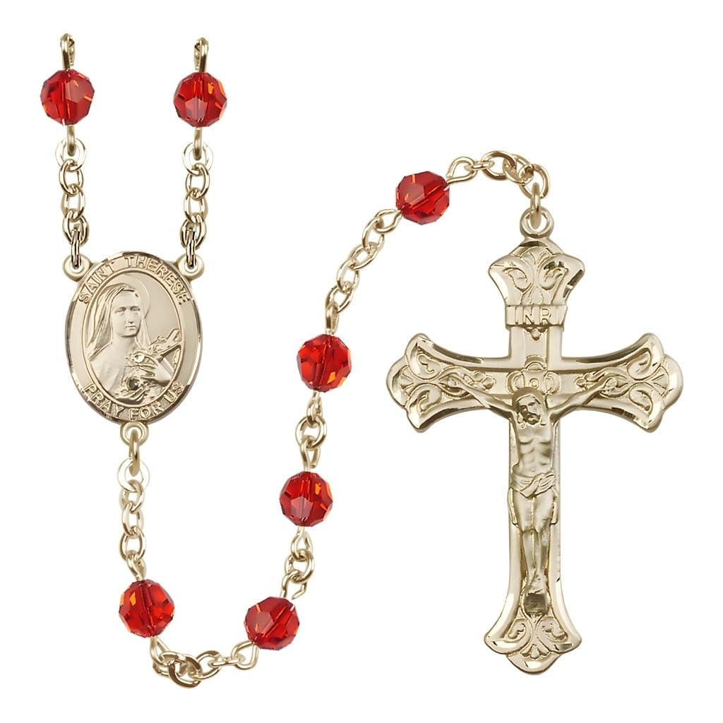 Bliss St. Therese of Lisieux 6mm Ruby Austrian Crystal Birthstone 14kt Gold Rosary with Scroll Design Crucifix