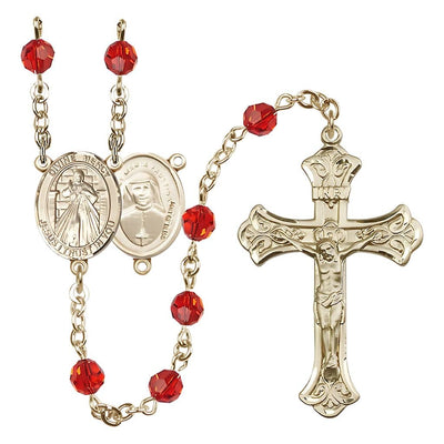 Jesus Divine Mercy Engravable Rosary with 14kt Gold Scroll Crucifix and Centerpiece, Birthstone 6mm Austrian Crystal Ruby Beads for July, Bliss Manufacturing