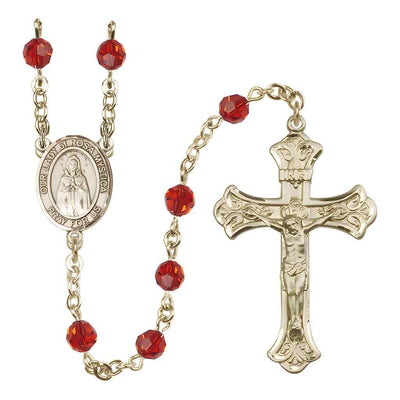 Our Lady of Rosa Mystica Rosary with 14kt Gold Scroll Crucifix and Centerpiece, Birthstone 6mm Austrian Crystal Ruby Beads for July