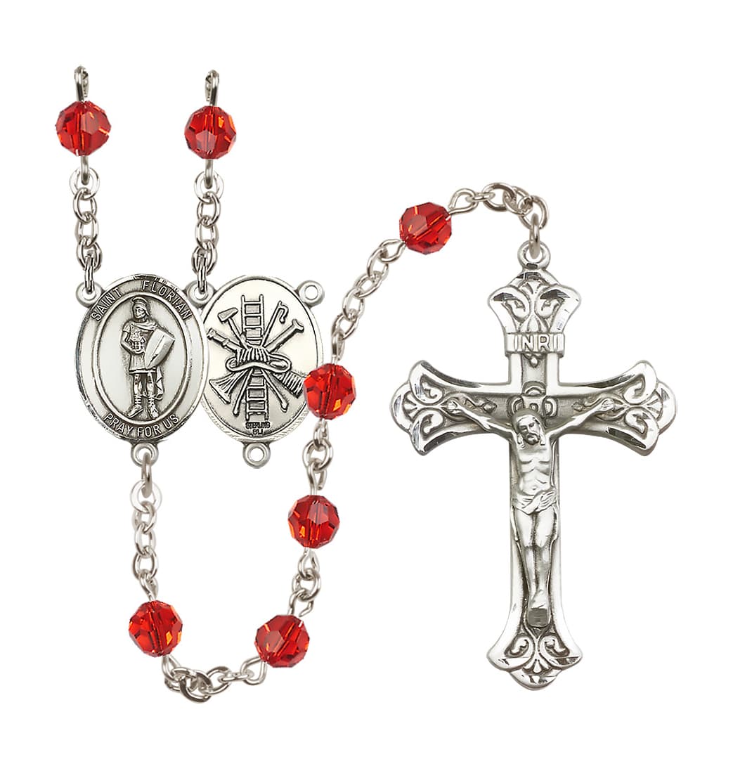 July Ruby Bliss Manufacturing St Florian Firefighter Sterling Silver Crystal Flared Crucifix Birthstone Rosary,