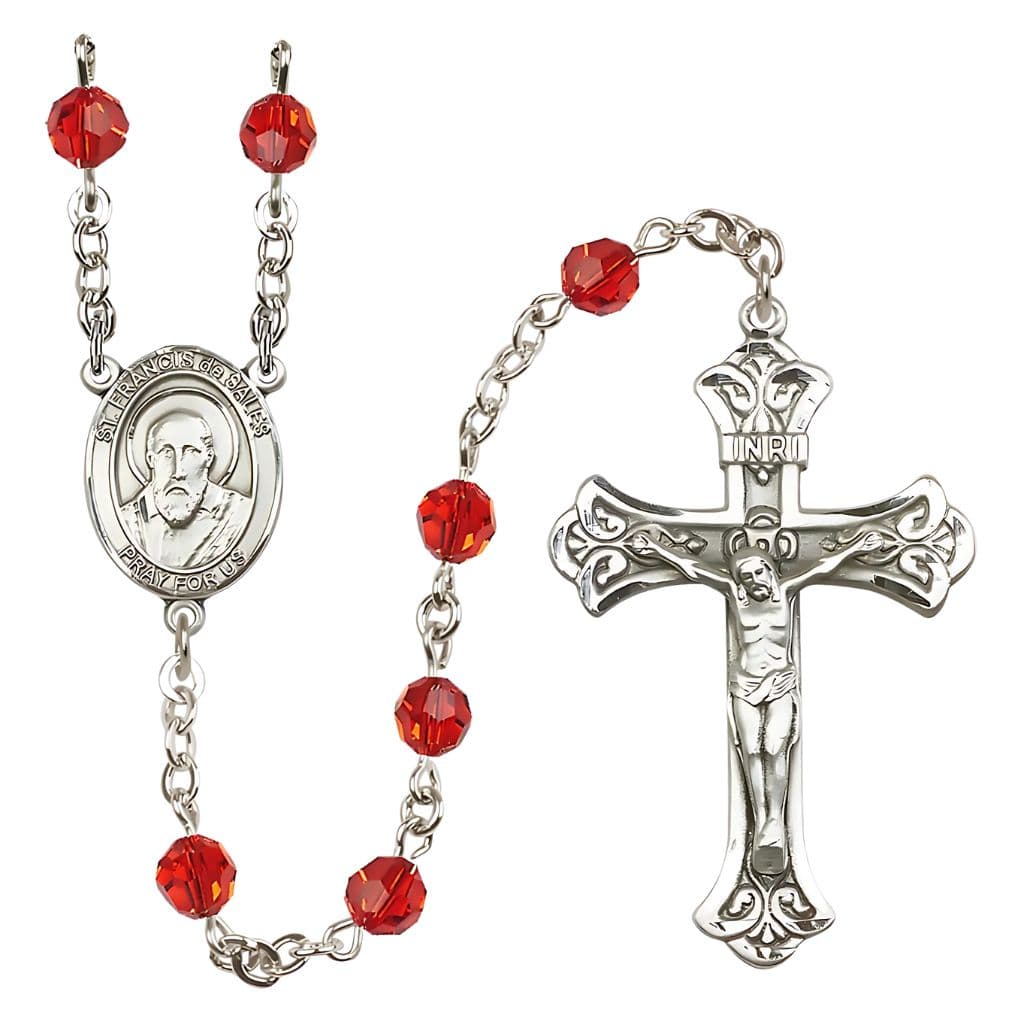 Bliss St. Francis de Sales Rosary with 6mm Ruby Austrian Crystal Beads and Sterling Silver in gift box,