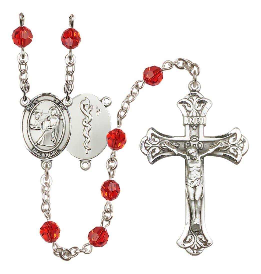 Bliss Doctor St Luke Sterling Silver Crystal Flared Crucifix Rosary in Ruby,