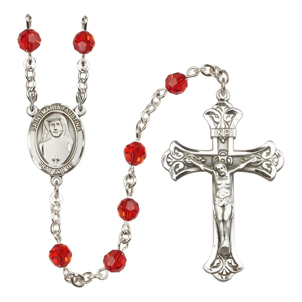 Bliss St. Maria Faustina 6mm Austrian Crystal Birthstone Sterling Silver Rosary in Ruby,